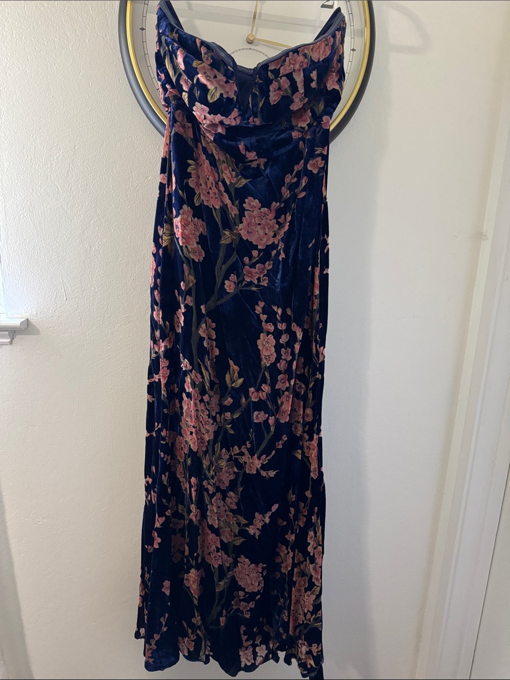 Lulu's Navy Velvet Strapless Maxi Dress with Pink Floral Print